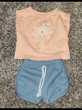 Kids Peach Palm-Embroidered Tank Top and Blue Knit Shorts Set